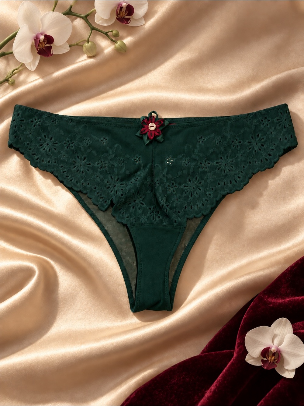 NWT Adore Me Forest Green Floral Eyelet Thong Size S